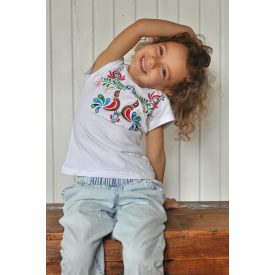 Hímzett színes madárkás matyó kislány póló- Fehér