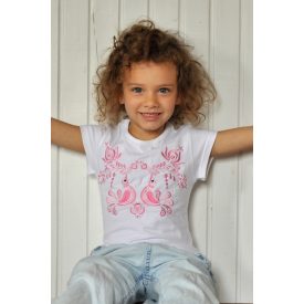   Hímzett rózsaszín madárkás matyó kislány póló- Fehér