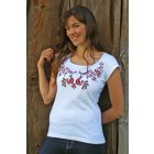 Hímzett barna madárkás matyó póló - Fehér