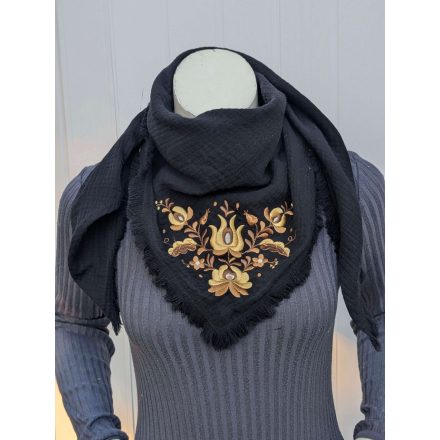 Pamutgéz Matyó Kendő - Fekete/Arany